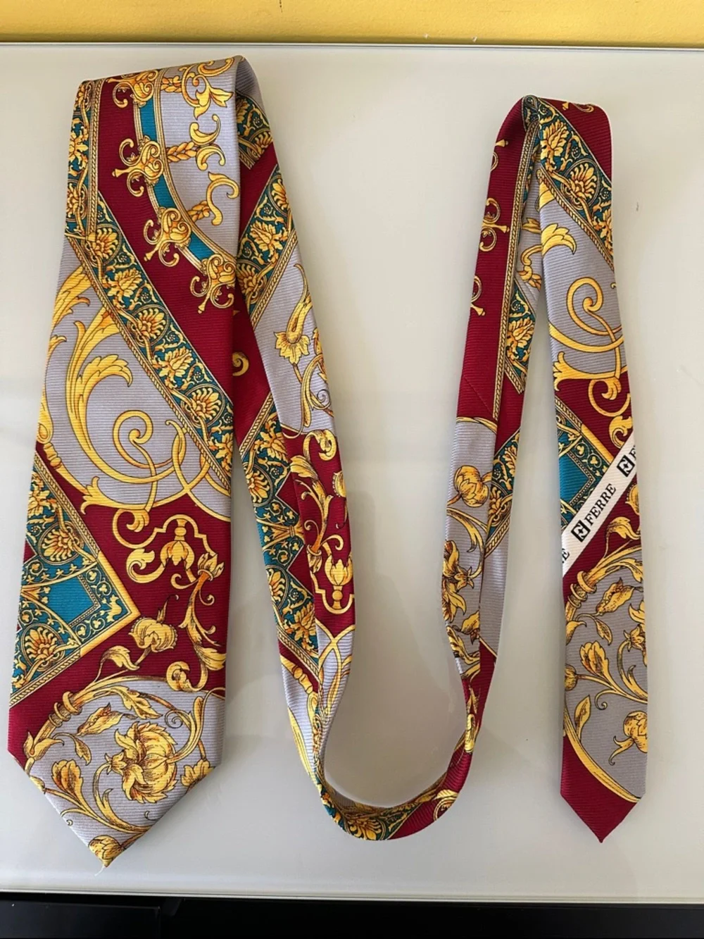 Farentino Ferre Bold Red and Gold Baroque Silk Tie Vintage